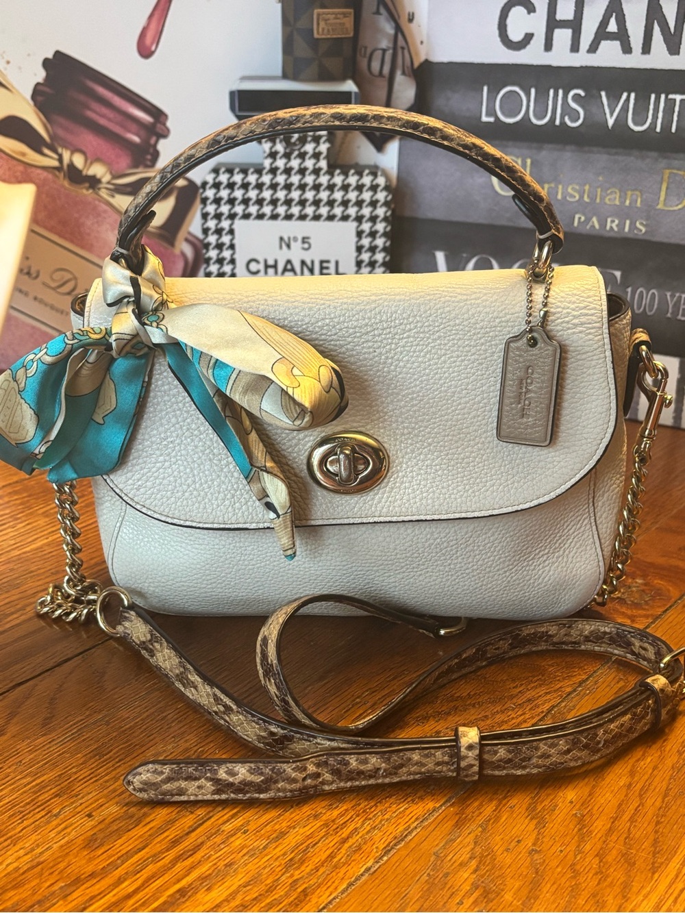 Coach C1560 Marlie Chalk Pebbled Leather Snakeskin Top Handle Crossbody